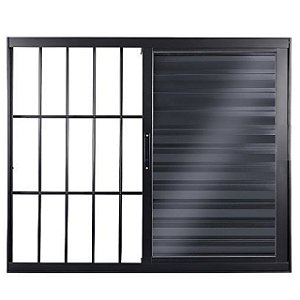 Janela veneziana alumínio preto 3 folhas móveis com grade vidro liso incolor linha 25