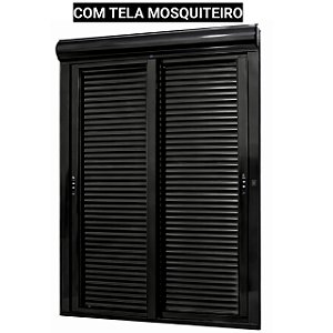 Porta com persiana integrada alumínio preto vidro temperado 6mm acionamento por interruptor com tela mosquiteiro - jap caribe max