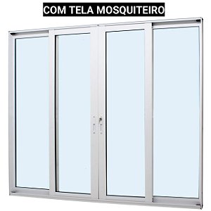 Porta de correr alumínio branco 4 folhas vidro temperado 6mm com fechadura com tela mosquiteiro - jap perfecta max