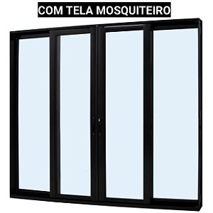 Porta de correr alumínio preto 4 folhas vidro temperado 6mm com fechadura com tela mosquiteiro - jap perfecta max