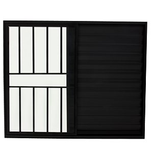 Janela veneziana alumínio preto 3 folhas uma fixa com grade vidro liso incolor linha 20