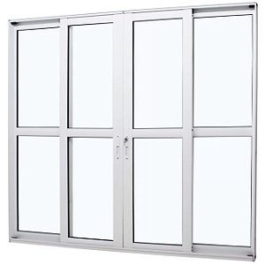 Porta de correr alumínio branco 4 folhas vidro liso incolor com fechadura - jap perfecta max