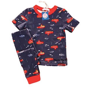 Pijama Infantil SLIM Submarinos Marinho Manga Curta