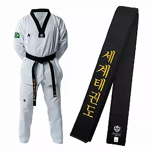 Dobok Taekwondo Pro Olympic Gola Preta 50% Algodão + Faixa Preta Bordada World Taekwondo Sulsport
