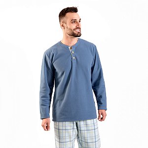Pijama Polo Soft Inverno Masculino Com Botões Xadrez Azul Jeans