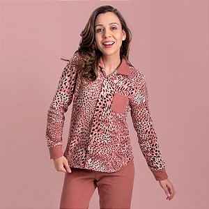 Pijama Soft Inverno Femino Com Abertura Frontal Botões e Gola Onça Rosa