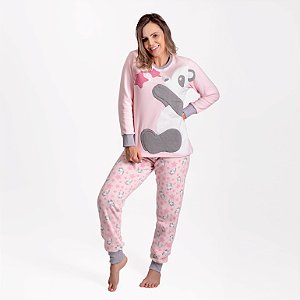 Pijama Soft Inverno Feminino Com Punhos Panda Nas Estrelas Rosa e Cinza