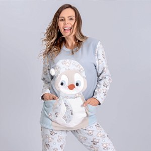 Pijama Soft Inverno Com Bolso Frontal e Pompom Pinguim Azul - Feminino Modelo Família Mãe