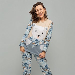 Pijama Soft Inverno Com Bolso Frontal  Urso Polar Azul e Creme - Feminino Modelo Família Mãe