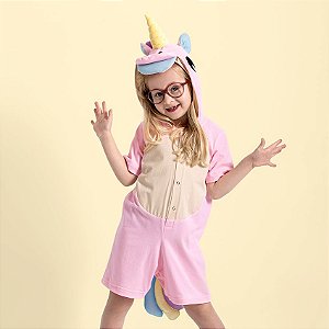 Pijama Fantasia Cosplay Kigurumi Algodão Curto Verão Unicórnio Rosa