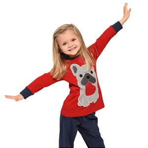 Pijama Algodão Longo Inverno Meia Estação Bulldog Francês Infantil Feminino Vermelho