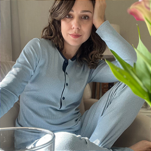 Pijama Feminino Homewear Longo Meia Estação Canelado Azul Com Botões