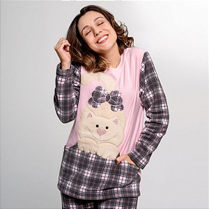 Pijama Soft Inverno Feminino Gatinho Xadrez Rosa