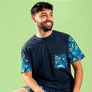 Pijama Masculino Bermuda Algodão Estampado Jacaré Azul e Verde