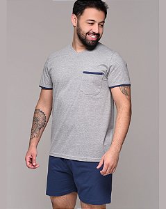 Pijama Masculino Manga Curta e Bermuda Algodão Cinza e Azul