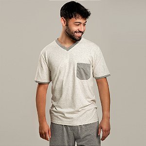 Pijama Masculino Tradicional Mescla Algodão Verão Curto Cinza e Creme