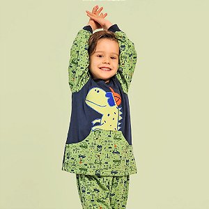 Pijama Masculino Infantil Dinossauro com Bolso Inverno Algodão Longo Azul e Verde