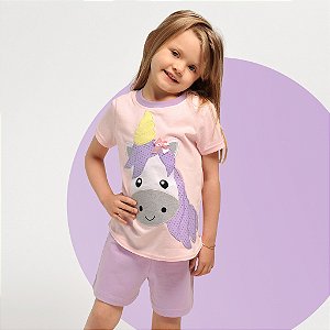Pijama Feminino Unicórnio Infantil Algodão Verão Rosa e Lilás