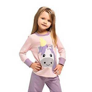 Pijama Feminino Algodão Longo Inverno Unicórnio Infantil Rosa e Lilás