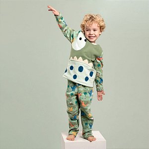 Pijama Masculino Infantil Longo Soft Dinossauro Verde Família