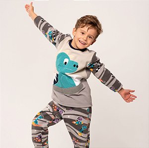 Pijama Masculino Infantil Longo Soft Dino Interestelar Cinza Família