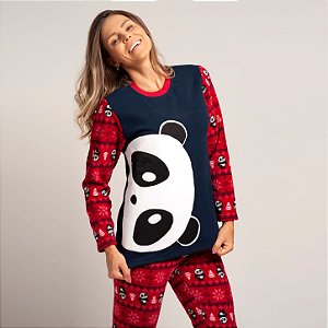 Pijama Feminino Longo Soft Urso Panda Vermelho Família MÃE