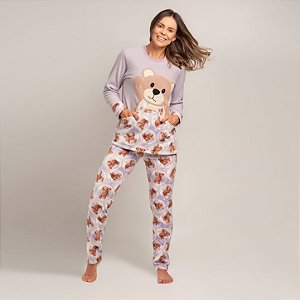 Pijama Feminino Longo Soft Urso com Bolso Lilás Tal Mãe Tal Filha ADULTO