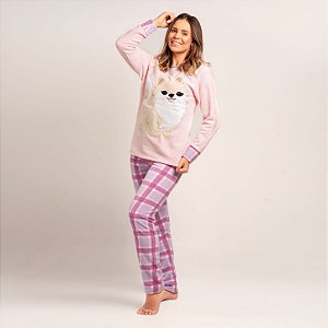 Pijama Feminino Longo Soft Lulu da Pomerânia Xadrez Rosa ADULTO