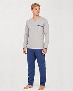 Pijama Masculino Longo em Microsoft Cinza e Azul Jeans