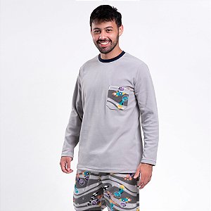 Pijama Masculino Longo Soft Dinossauro Interestelar CINZA Família