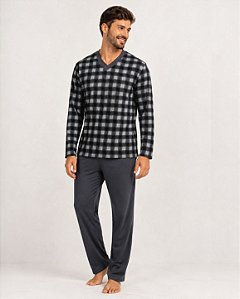 Pijama Masculino Longo em Microsoft Xadrez Cinza Escuro