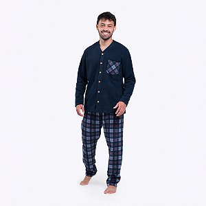 Pijama Masculino Longo Soft Aberto com Botões Xadrez Marinho e Vermelho