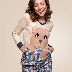 Pijama Longo com Bolso e Punho em Algodão Balão e Ursinhos