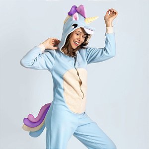 Pijama Fantasia Unicórnio Inverno em MicroSoft Infantil e Adulto Azul