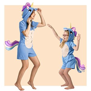 Pijama Fantasia Unicórnio curto em Malha Leve INFANTIL e ADULTO Azul