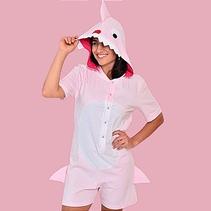 Pijama Fantasia Baby Shark Verão Infantil e Adulto em Algodão Rosa