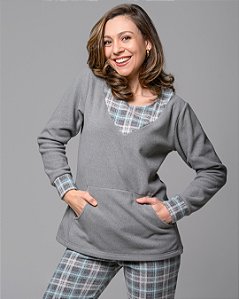 Pijama Feminino Inverno em Microsoft com Bolso Xadrez Cinza e Verde