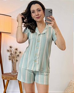 Pijama Americano Verão em Viscose com Elastano Verde Menta Listrado