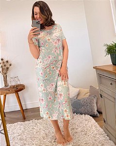 Camisola Vestido Longo Verde Menta Floral com Bolso
