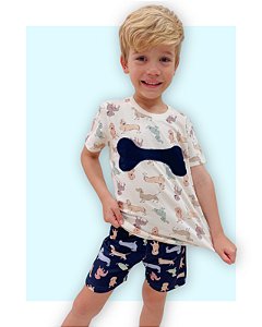 Pijama Infantil em Algodão Cachorro com Osso Modelo Família