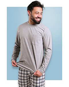 Pijama Masculino Inverno em Algodão Xadrez Cinza e Azul