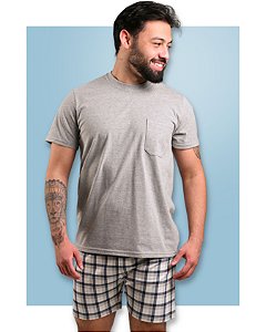 Pijama Masculino em Algodão Verão Cinza e Xadrez