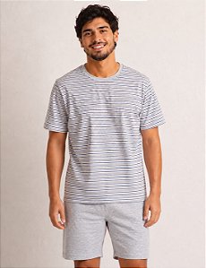 Pijama Masculino Curto em Algodão Listras Leves