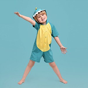 Pijama Fantasia Cosplay Kigurumi Algodão Curto Verão Infantil Dinossauro Verde Agua