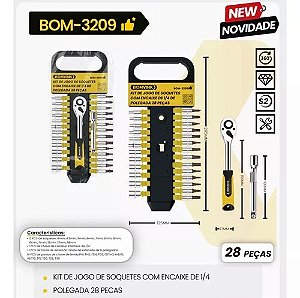 kit jogo de soquetes com encaixe de 1/4 de polegada 28 peças