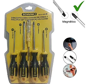 Conjunto com 4 chaves de fenda e phillips e um testador de voltagem Bom3119
