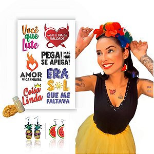 Kit Carnaval Tatuagem Temporária + Brinco MDF + Glitter 001