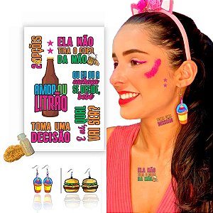 Kit Carnaval Tatuagem Temporária + Brinco MDF + Glitter 002