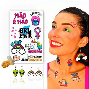 Kit Carnaval Tatuagem Temporária + Brinco MDF + Glitter 003
