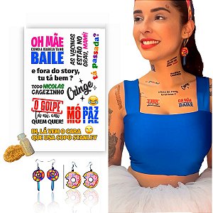 Kit Carnaval Tatuagem Temporária + Brinco MDF + Glitter 006